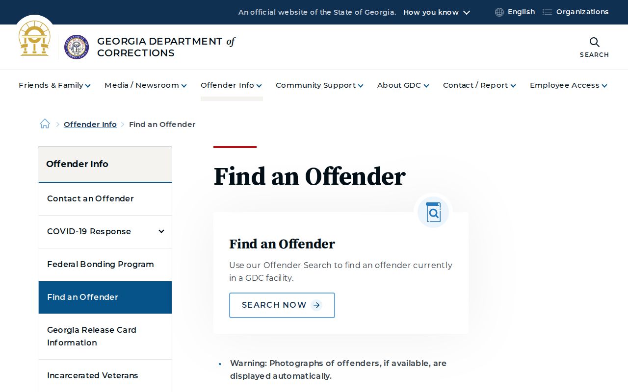 Georgia Department of Corrections offender search for state custody records and photos
