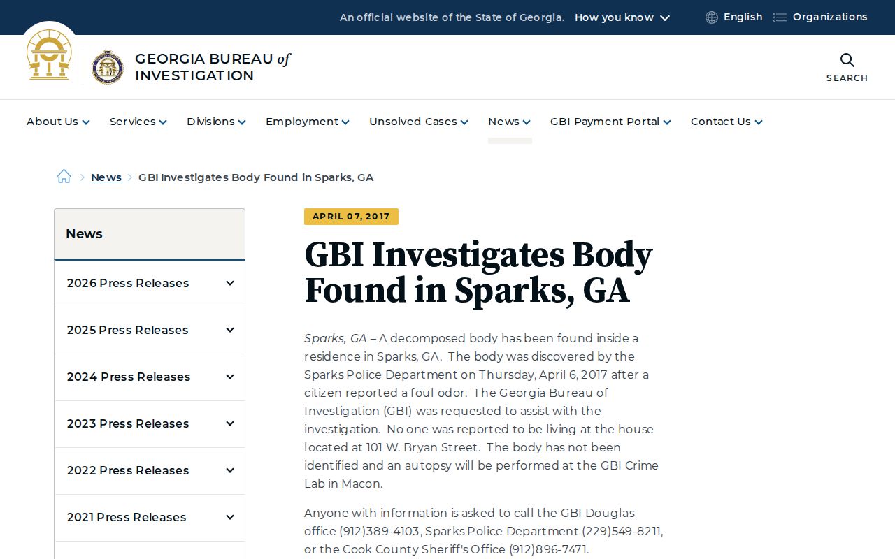 Cook County Sparks public-safety record source from the Georgia Bureau of Investigation